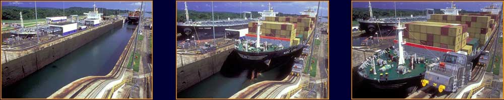 Gliding Carefully Into Panama Canal's Gatun Locks, a Panamax Container Ship is Kept on Course by Several Slave Units
