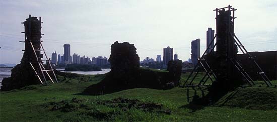 Panama City's Modern Skyscrapers Seen with the Crumbling Walls of Old Panama, Ruined by Pirates in 1671